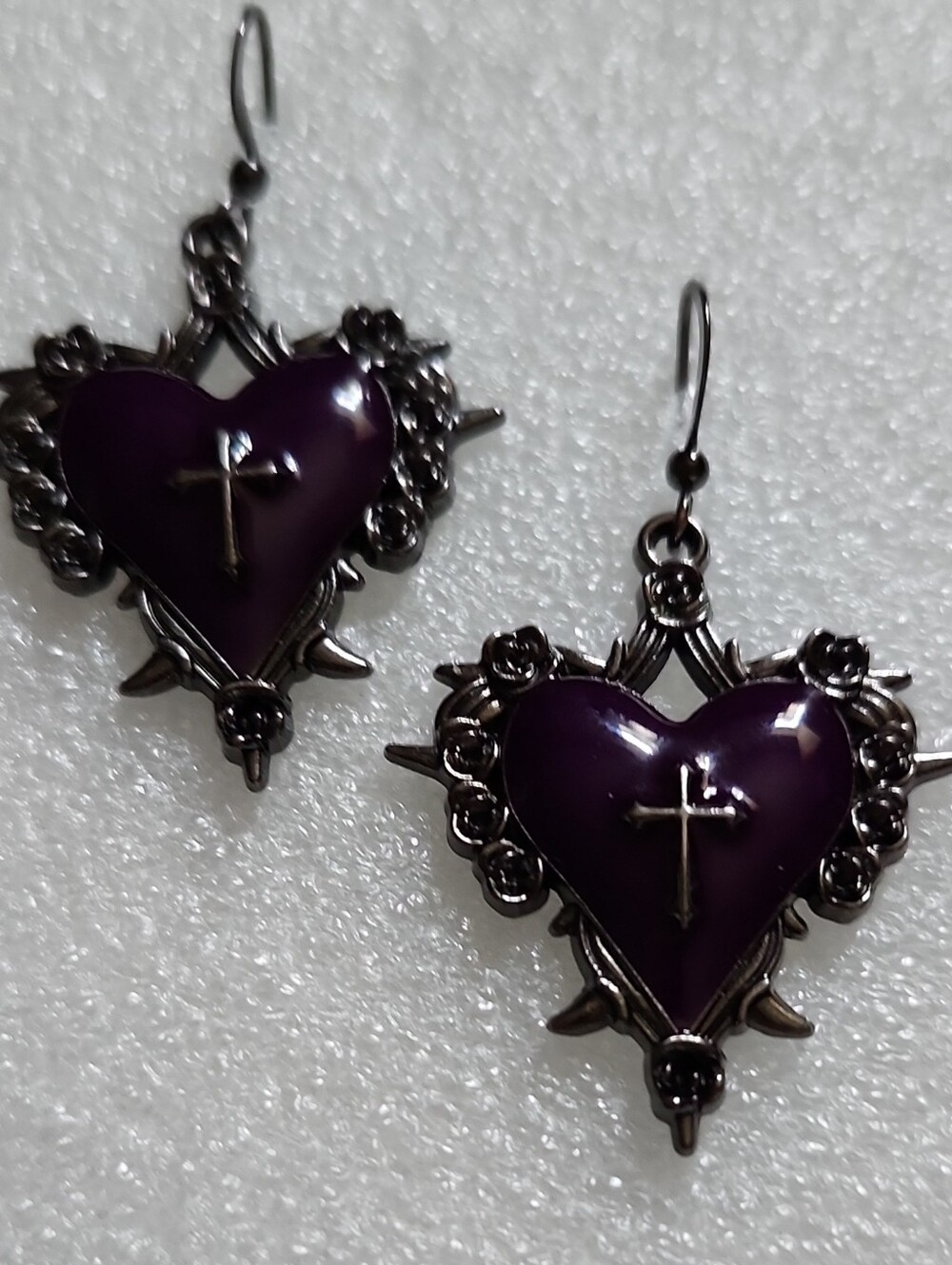 Hand Crafted Purple Heart Cross Dangle Earrings with Floral Frame